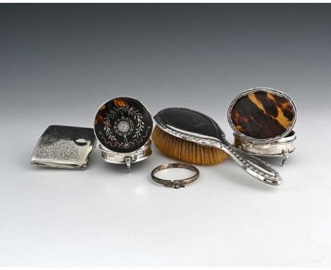 A George V silver and tortoiseshell jewellery box, the hinged cover inset with pique decoration, sponsor's mark rubbed, Birmi