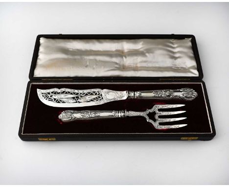 A Victorian cased silver fish serving set, comprising fork and knife, the knife with pierced and decorated blade, each blade 