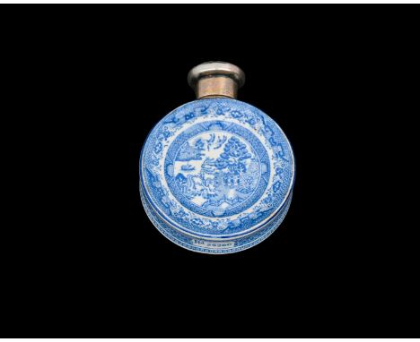 Sampson Mordan, a Victorian silver-topped ceramic scent bottle, in the form of a willow pattern plate, London 1885, length 5.