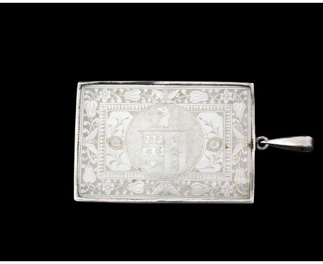 A nineteenth-century Chinese armorial mother-of-pearl counter, of rectangular form, engraved with a European coat of arms dep