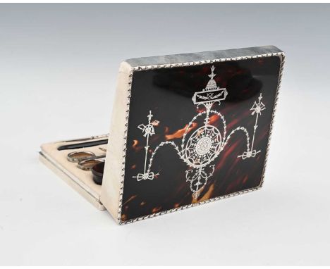 A George V silver and tortoiseshell hinged box, the top decorated with neoclassical revival pique work, the hinged cover open