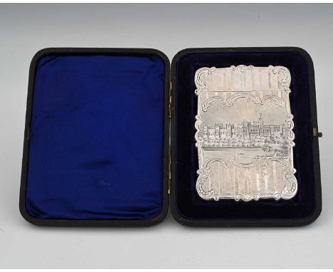 Nathaniel Mills, a cased Victorian silver castle top card case, of shaped rectangular form, decorated with engine-turning, wi