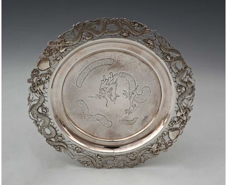China, a late nineteenth or early twentieth-century Chinese export silver tazza, the centre engraved with a stylised dragon m