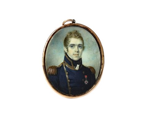 IN THE MANNER OF GEORGE ENGLEHEART, A PORTRAIT MINIATURE OF A NAVAL OFFICER, painted on ivory, modelled wearing uniform pinne