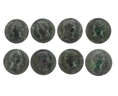GROUP OF EIGHT CIRCULAR PLAQUETTES, moulded with profile busts of male and female figures of ancient history, 8.5cm diameter,