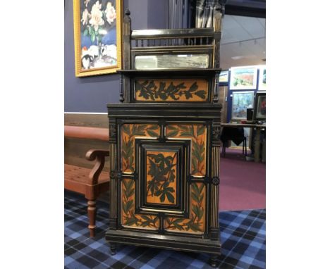 VICTORIAN EBONISED SIDE CABINET IN THE MANNER OF J. BRUCE TALBERT, the raised galleried back inset bevelled mirror and painte