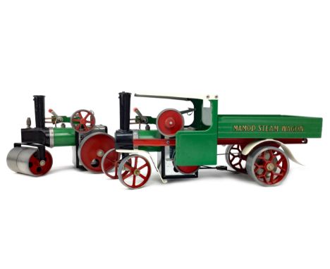 VINTAGE MAMOD STEAM WAGON, green finish with red spokes, titling cab, 41cm long, along with another Mamod steam engine (2)