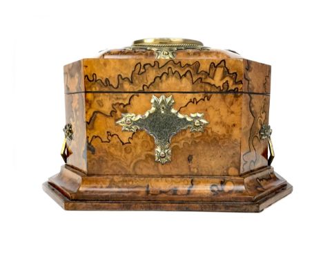 VICTORIAN OCTAGONAL WALNUT TEA CADDY, the twin brass handles and escutcheon engraved with scrolls, the hinged cover inset wit