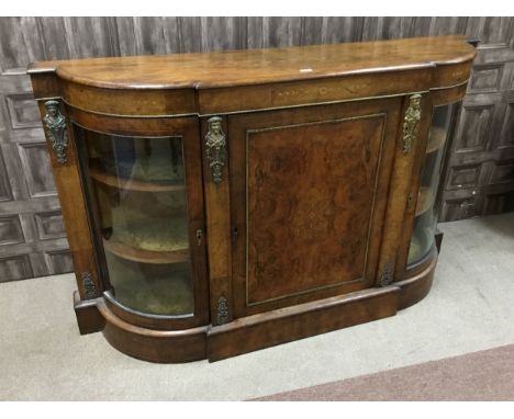 VICTORIAN WALNUT AND GILTMETAL CREDENZA, with floral marquetry inlaid frieze, above central cupboard enclosed by a single pan