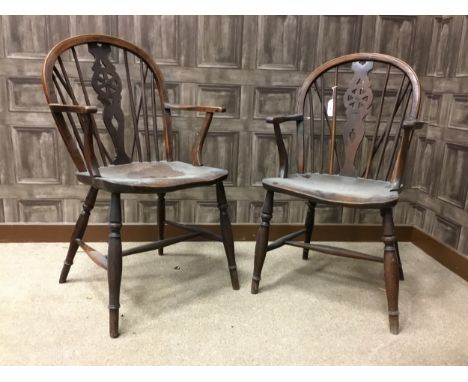PAIR OF EARLY 19TH CENTURY YEW-WOOD AND ELM WHEEL BACK WINDSOR CHAIRS, in the manner of Wilson of Grantham, with pierced and 