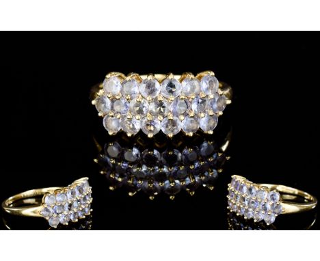 Ladies 9ct Gold Channel Set Aquamarine Dress Ring, Set with 3 Channels of Aquamarines - Pale Colour. Fully Hallmarked. Gold W