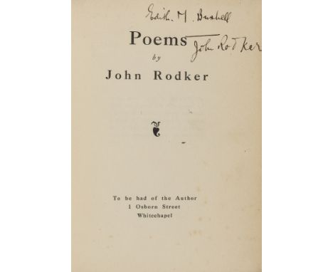 Rodker (John) Poems, first edition, number 40 of 50 copies numbered by the author on front free endpaper, signed presentation