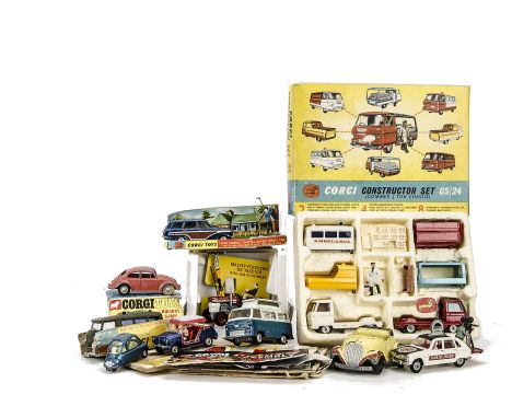 Corgi Toys GS/24 Constructor Set, in original box, 508 Holiday Camp Special Commer Bus, 73 Massey-Ferguson 165 Tractor & Saw,