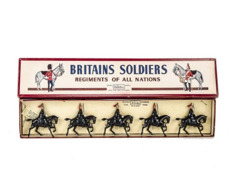 Britains set 1343 Royal Horse Guards Cloaked, ROAN box, VG box G
Several very small chips of paint to the horses hooves and l