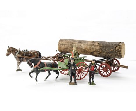 Britains loose farm vehicles including log wagons (2), farmers gigs (2), spud wheel tractor, 2 barrel roller, with a few figu
