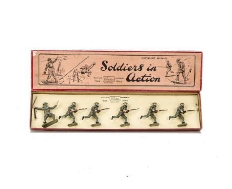 Britains set 1613 British Infantry Steel Helmets and Gas Masks, Five men charging and an Officer, in Soldiers in Action box, 