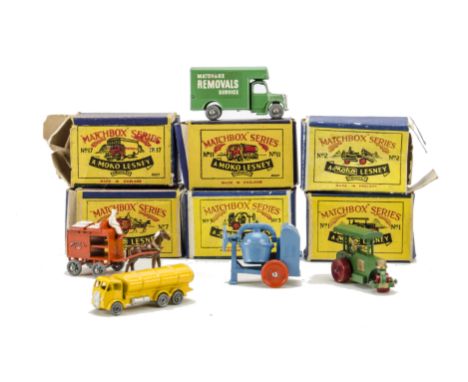 Matchbox 1-75 Series, No.3a Cement Mixer, orange metal wheels, No.11a ERF Road Tanker, yellow, MW, No.1a Diesel Road Roller, 