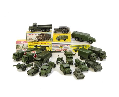 French & English Military Dinky Toys, including 821 Army Covered Wagon, 824 Berliet Army Truck, in original boxes, loose 626 