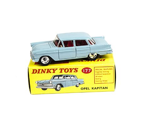 A Dinky Toys 177 Opel Kadett, in light blue, in original bright yellow picture box, E, box VG