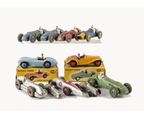 Dinky Toys Racing & Sports Cars, 102 MG Midget Sports, orange body, red interior and hubs, 104 Aston Martin DB3S, light blue 