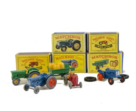 Matchbox 1-75 Series Farm Vehicles, No.4a Massey Harris Tractor, red body, gold hubs, without mudguards, No.50b John Deere La