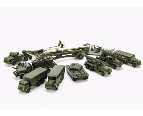 Large Dinky Military Vehicles, 666 Missile Erector & Platform, French Dinky 884 Brockway Bridge Layer, eight bridge pieces, t