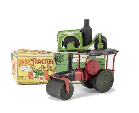 American Animate Tin Toys and Modified Tri-ang Roller: Animate Baby Steam Roller and Baby Tractor, both in original boxes, F-