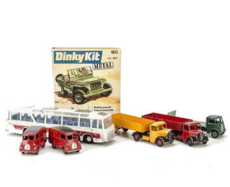 Dinky Toy Commercials, 260 Royal Mail Van (2), 952 Vega Major Luxury Coach, 521 Bedford Articulated Lorry (2), one yellow, on