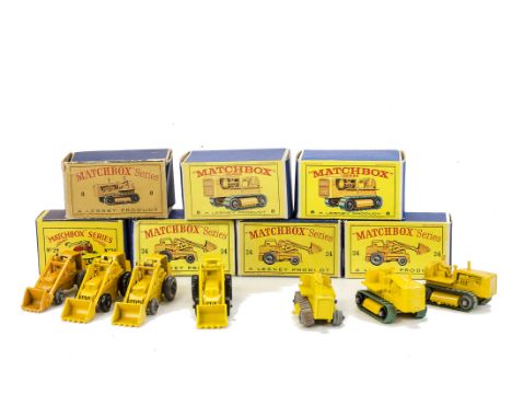 Matchbox 1-75 Series No.24b Hydraulic Excavator, three examples, first yellow body, BPW, second orange-yellow body, BPW, thir