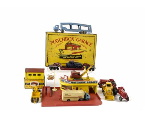 Matchbox MG1 Garage Sales & Service Station, red base and sign, yellow building, in original box with unboxed A1 Esso Petrol 