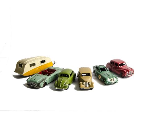 Dinky Toys Saloons, Sports Cars & Caravan, Austin Somerset in red, 181 VW in ‘Lime’ green, 163 Bristol 450 in green, Triumph 