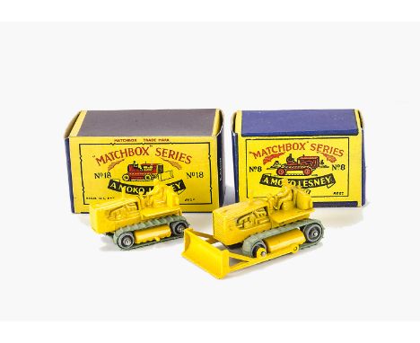 A Matchbox 1-75 Series No.8b Caterpillar Tractor, yellow body and driver (42mm), No.18c Caterpillar Bulldozer, yellow body an