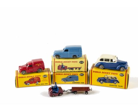 Dublo Dinky Toys, 068 Royal Mail Van, 063 Commer Van, 067 Austin Taxi, 076 Lansing Bagnall Tractor & Trailer, in original box