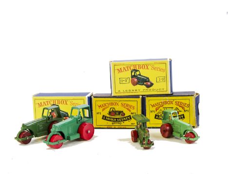Matchbox 1-75 Series No.1 Diesel Road Roller, four examples, 1a dark green body, type 2, 1b light green body, 1c dark green b