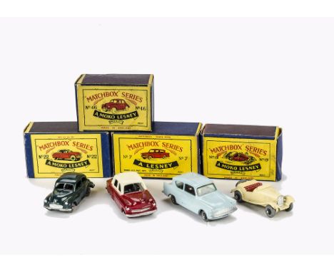 Matchbox 1-75 Series Cars, No.46a Morris Minor, dark green body, MW, No.7b Ford Anglia, light blue body, SPW, No.22a Vauxhall