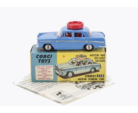 A Corgi Toys 255 Export Issue Motor School Car, dark blue body, l/h drive, five language leaflet, in original box, E, box G