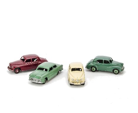 1950s Dinky Toy Cars, 140b Rover 75 (2), first maroon body and hubs, second cream body and hubs, 40g/159 Morris Oxford, green