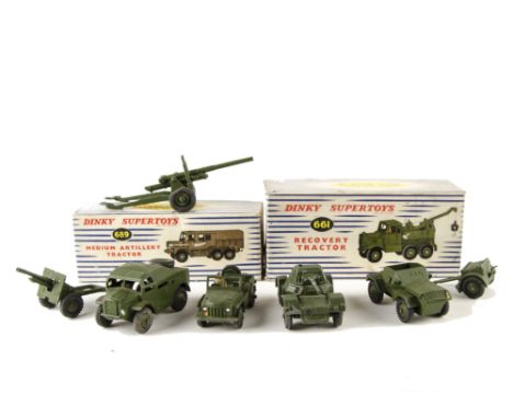 Dinky Toys Military Vehicles: 661 Recovery Tractor and 689 Medium Artillery Tractor, both in original white striped picture b