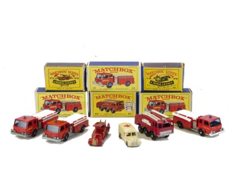 Matchbox 1-75 Series Emergency Service Vehicles, No.9a Dennis Fire Escape, No.14a Ambulance, No.29c Fire Pumper (3), No.63b A