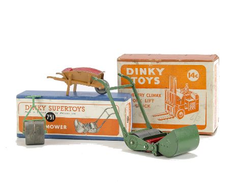 A Dinky Supertoys 751 Lawn Mower, 14c Coventry Fork Lift Truck, in original boxes, loose Wheelbarrow and 381 Garden Roller, G