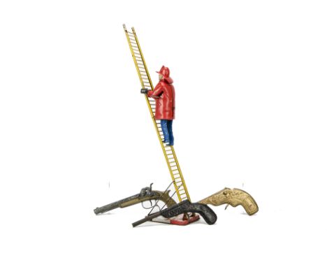 Mark Climbing Fireman and tinplate Toy Guns clockwork Fireman with yellow ladder, F, together with two tin guns, Buffalo Bill