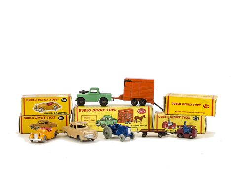 Dublo Dinky Toys, 061 Ford Prefect, 062 Singer Roadster, 069 Massey-Harris Ferguson Tractor, 076 Lansing Bagnall, 073 Land Ro