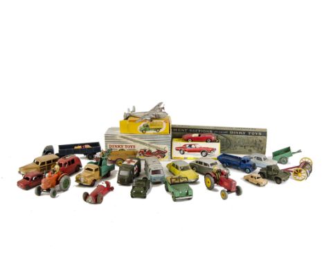 Dinky Toys, 343 Farm Produce Wagon, 32D Fire Engine, 174 Ford Mercury Cougar, Pavement Sections, in original boxes, loose Din