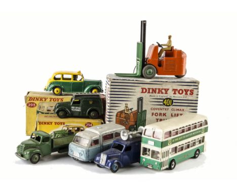 Dinky Toys 254 Austin Taxi, green lower body, yellow roof and hubs, 293 Leyland Atlantean Bus, 401 Coventry Climax Fork Lift,