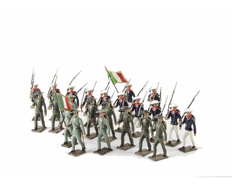 Mignot Italian Bersaglieri, Light Infantry (7 pcs 1950s production, recent production officer, flagbearer, 2 additional men),
