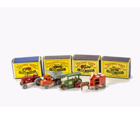 A Matchbox 1-75 Series No.7a Horse Drawn Milk Float, dark orange body, white driver, crates and logo, MW, No.4a Massey Harris