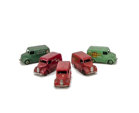 Dinky Toys Trojan Vans, 31b ‘Dunlop’, red body, maroon hubs, 452 ‘Chivers’, dark green body, mid green hubs, 454 ‘Cydrax’, li