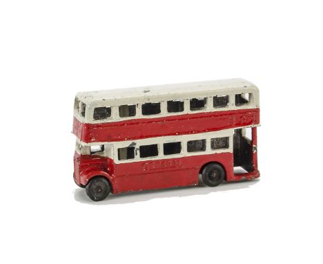 A Pre-War Johillco Toy Double Decker General Bus, white and red lead body, small lead wheels, c.1930, G