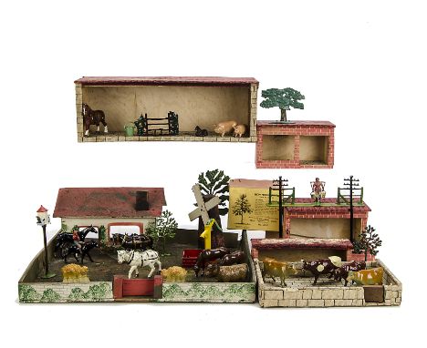 Lot of lead farm animals and fence, mostly Britain’s but also Hilco, Britain’s trees, boxed New Model Tree, with a Home-Made 