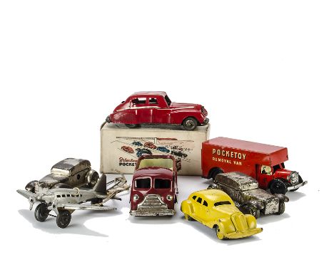 Brimtoy Alemanni and various unmarked Tin Vehicles and Plane Brimtoy Pocketoy Removal Van in red and black, in original box, 